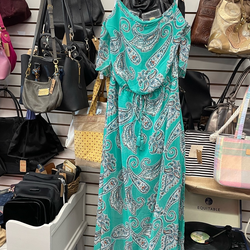 NWT Bisou Bisou jade paisley cold shoulder dress size 12